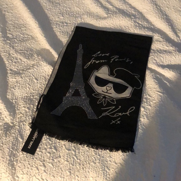 Karl Lagerfeld Black & Gray Rectangular Scarf Studded Eiffel Tower & Choupette - Picture 6 of 16